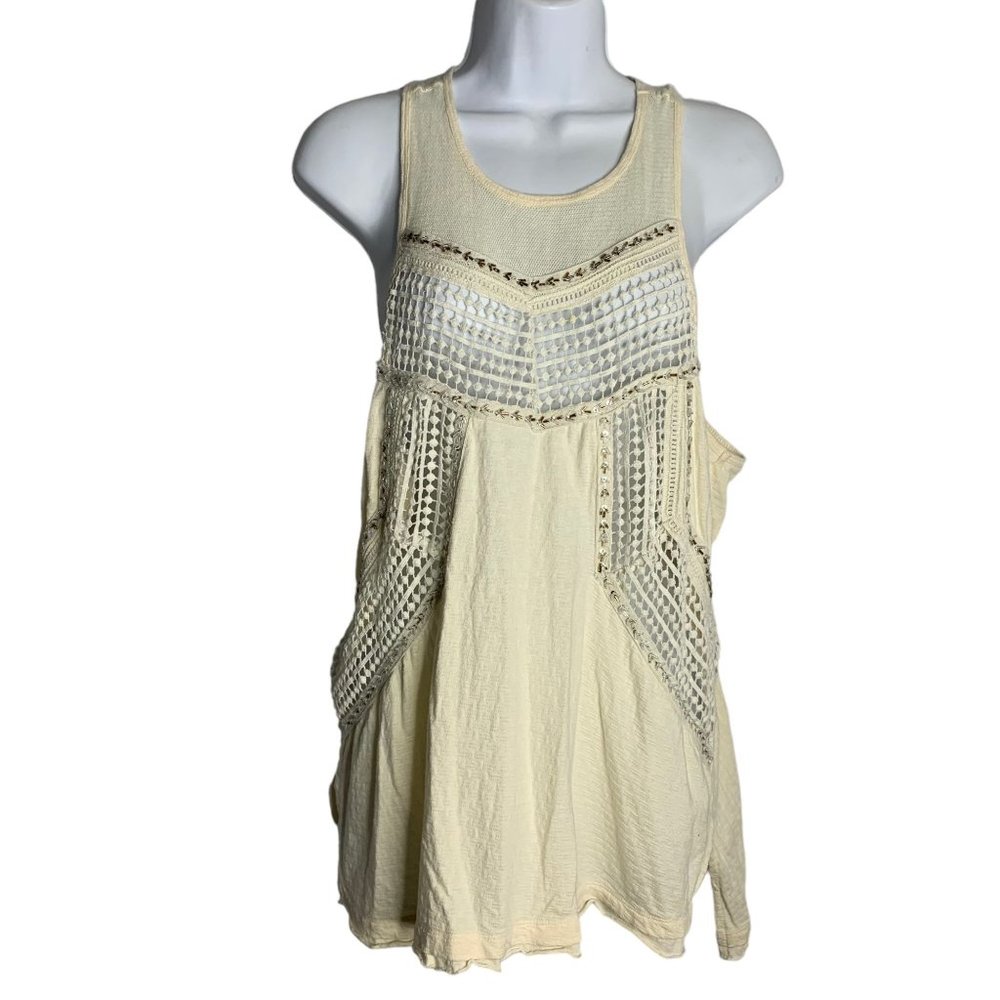 Winter Lennon Beaded Tank Top S Cream Crochet Knit Racer Back Keyhole High Low